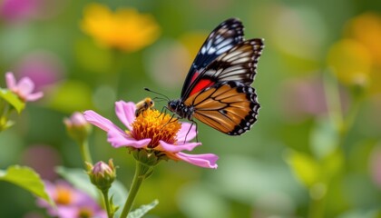 Fototapeta premium Colorful Insects Introduce small, colorful insects like butterflies or bees interacting with the flower, adding life and movement.