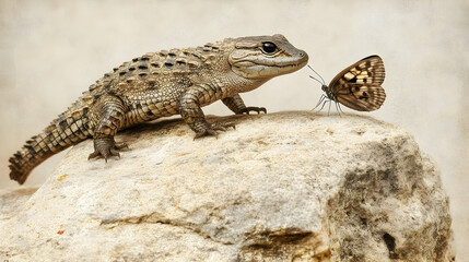 Obraz premium A small crocodile lizard interacting with a butterfly on a rock.