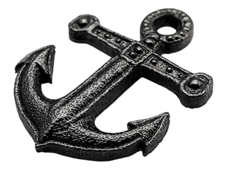 Stylish black anchor detail shot against a white background.  A textured, ornate design symbolizes stability, hope, and nautical themes. Ideal for maritime, travel, or inspirational projects.