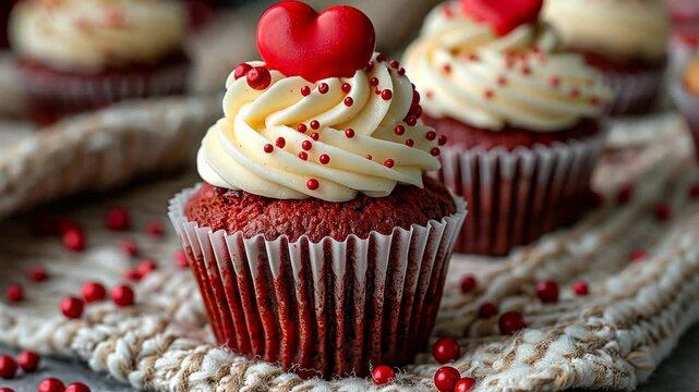 Red velvet cupcakes with white cream frosting and heart decorations. Love and Valentine's Day concept. Design for greeting card, invitation.