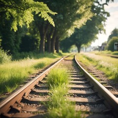 Fototapeta premium Tranquil Railroad Through Green Trees
