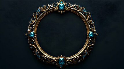 A lavish, ornate golden frame adorned with teal gemstones.