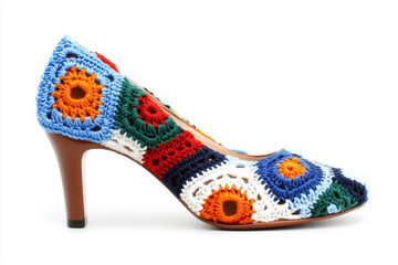 Colorful knitted crochet high heel shoes with a wooden heel. These shoes are stylish and unique, with a vibrant blend of colors