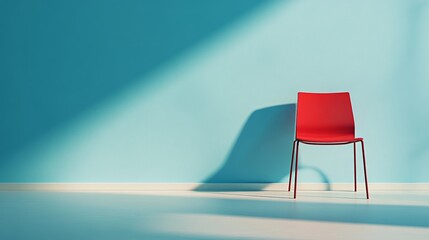 Red chair against blue wall minimalist scene with long shadows 