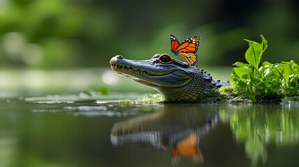 Fototapeta premium A playful alligator with a butterfly perched on its head.