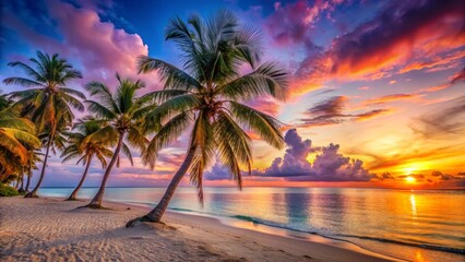 Fototapeta premium Serene Coastal Sunset with Majestic Palm Trees on a Tranquil Sandy Beach