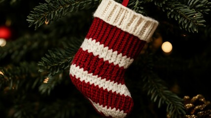 Festive red and white striped Christmas stocking