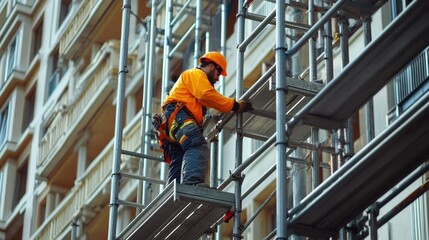 Naklejka premium Construction worker adjusting scaffolding on a building. Featuring safety and structural support