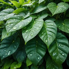 Fototapeta premium Lush Green Leaves with Dew Drops
