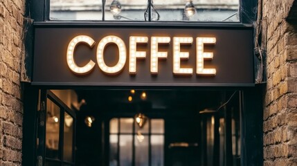 Illuminated coffee sign above entrance of a modern cafe inviting atmosphere perfect background for advertising marketing or website design 