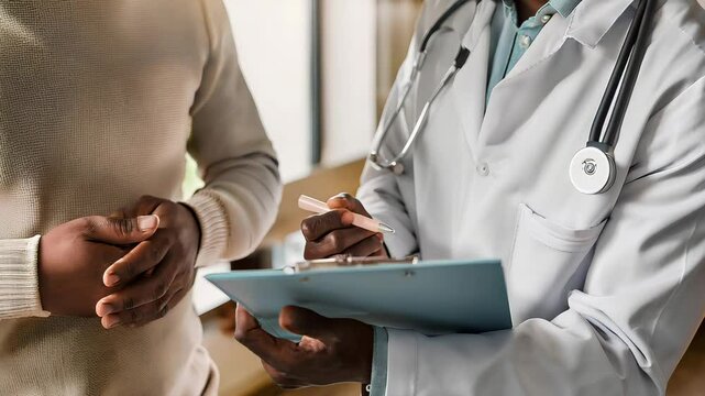 A male patient discussing his emotions and illness with a doctor in a clinic, while the impassive doctor writes prescriptions and notes. A powerful depiction of the patient-physician dynamic.