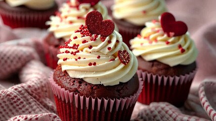 Red velvet cupcakes with creamy frosting and red heart topper on knitted texture. Valentine's Day dessert concept. Design for greeting card, invitation. - Powered by Adobe