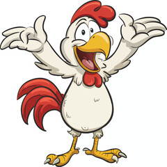 Cheerful cartoon chicken with outstretched wings welcomes viewers.