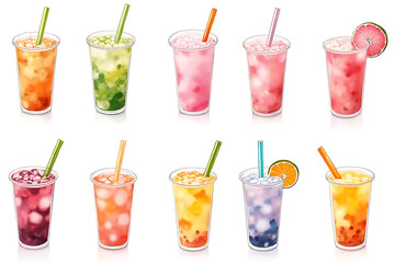 Flat lay watercolor painting of various pastel bubble tea drinks, ice cubes, and toppings like fruit jelly and crystal pearls, arranged in a visually pleasing pattern 