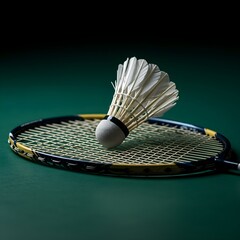 Badminton shuttlecock resting on the racket
