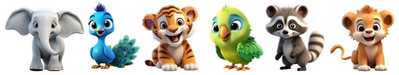 Obraz premium PNG Cute cartoon animal characters, element set on transparent background