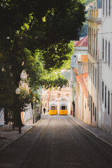 Obraz premium Iconic trams along the tracks of a narrow street in historic old town Lisbon, Portugal, capturing the picturesque charm of this European travel destination on a sunny summer day.