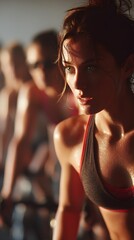 Focused Cyclist: A determined woman in a dimly lit indoor cycling session, embodying fitness and dedication. Sweat glistens as she intensely concentrates on her workout in a high-energy setting.