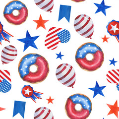 Fototapeta premium Independence Day collection. 4th of July watercolor seamless pattern. Hand drawn ribbon bows, stars and hearts with American flag