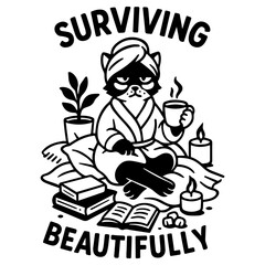 Black and white vector of a tired cat. Quote: “Surviving Beautifully.” Pure self-care.