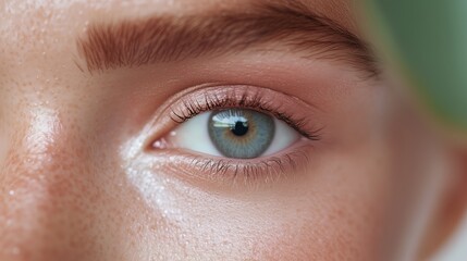 Obraz premium Close-up of a young person's striking blue eye surrounded by soft features and natural elements