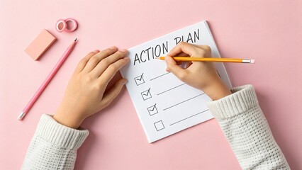 Hands writing an action plan in a notebook