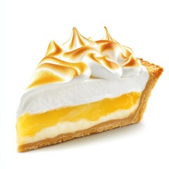 A thick slice of lemon meringue pie with a smooth lemon filling, fluffy meringue topping, and a buttery crust