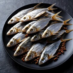Obraz premium Fresh Small Fish on Black Plate