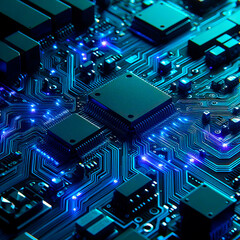 Fototapeta premium Close-up view of a circuit board, rendered in a highly detailed and stylized manner. 