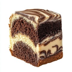 A thick slice of marble cake with alternating layers of light and dark chocolate cake, smooth buttercream frosting, and a soft texture