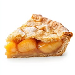 A thick slice of peach cobbler with a golden, flaky crust, sweet peach filling