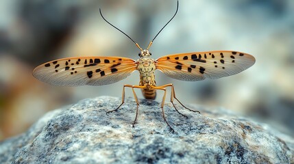 A scorpionfly with elongated wings and a curved tail perched on a rock 