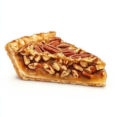 A thick slice of pecan pie with a golden brown, flaky crust, rich filling with whole pecans