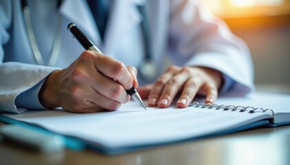Fototapeta premium Close-up of doctor's hands writing patient notes, substance abuse treatment , medical record, file