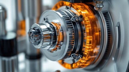 Fototapeta premium Powerful industrial machinery gears and turbine in a metallic mechanical engineering factory Complex precision technology electronic automotive equipment and futuristic manufacturing process