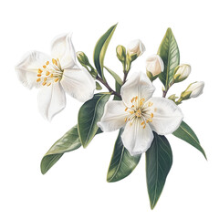 White flowers and buds illustration on transparent background