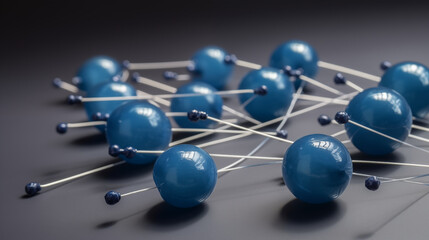 Obraz premium Blue spheres connected by white strings on a dark gray surface view