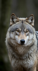Obraz premium Profile portrait of a gray wolf with alert posture, set against a blurred forest background, wild canine beauty.