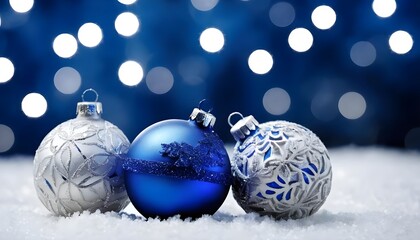 Blue and Silver Christmas Ornaments in Snow