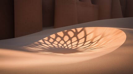 A desert oasis with a large, curved pool of light and shadows.