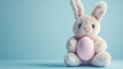 Fototapeta premium Cute Plush Bunny Holding Pink Easter Egg on Blue Background