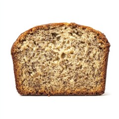 A thick slice of soft, homemade banana bread with a golden crust and moist crumb, isolated white background