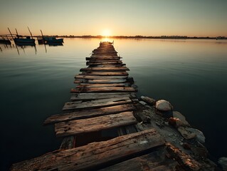 Naklejka premium Path to the Horizon: A weathered wooden pier stretches across a tranquil lake, leading towards a vibrant sunrise in the distance. The serene waters reflect the warm golden hues of the dawn.