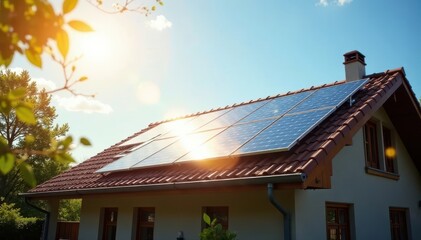 Fototapeta premium Sunlight bathes a home; rooftop solar panels gleam , house exterior, renewable