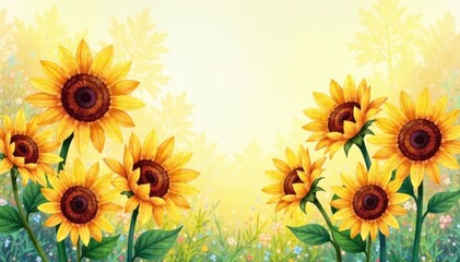 Obraz premium Watercolor illustration of sunflowers with warm lighting , sunflowers, vibrant