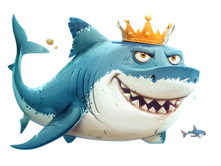 Fototapeta premium cool cartoon shark wearing a golden crown, fierce expression with whimsical royalty style, fun fantasy marine animal clipart, isolated on white