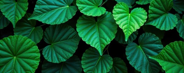 Fototapeta premium Dark, vibrant, and mysterious leaf pattern featuring various green hues and textures, tropical, leaf