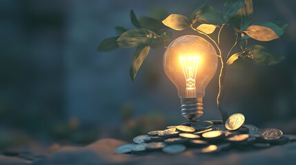 Illuminated light bulb floating over a money tree growing from a pile of coins symbolizing success on a soft financial theme background