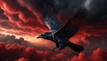 Fototapeta premium Raven Soaring Through Crimson Clouds