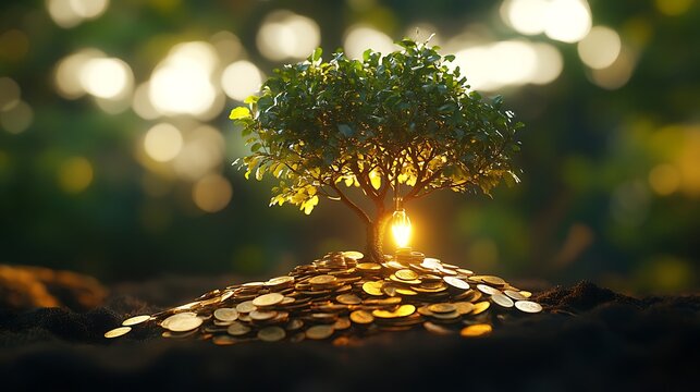 A radiant bulb lighting up a tree growing from a pile of coins symbolizing prosperity and innovation on a smooth bokeh backdrop